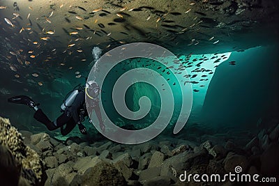 scuba diver exploring underwater cavern, with schools of fish swimming in the background Stock Photo