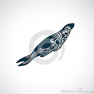 Scuba Diver and Seal Animal Silhouette Vector Illustration