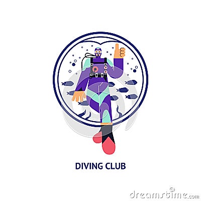 Scuba diver in special suit showing thumb, shape with silhouette of fishes and seaweeds Vector Illustration
