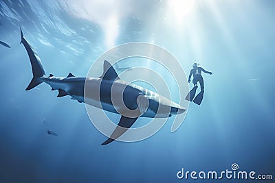 Scuba diver underwater with shark, Generative AI Stock Photo