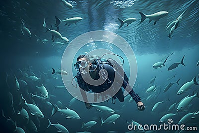 Scuba diver underwater with sea creatures, Generative AI Stock Photo