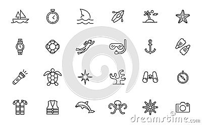 Scuba diver vector line icon. Whale deep octopus underwater diving coral outline thin design web icon set Vector Illustration