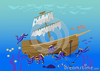 Scuba Divers Characters Search and Found Treasures on Sunken Ship Lying on Sandy Ocean Bottom Concept. People in Diving Vector Illustration