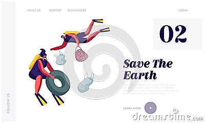 Scuba Divers Collecting Floating Sea Garbage. Dirty Underwater Surface, Planet Pollution, Characters Cleaning Trash in Ocean Vector Illustration