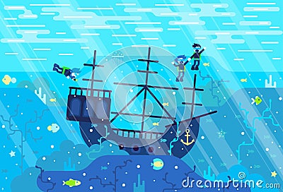 Scuba divers on the seabed explore an ancient sunken boat - vector cartoon illustration in flat stile Vector Illustration