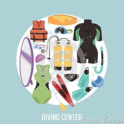 Scuba diving center banner vector illustration. Diver wetsuit, scuba mask, snorkel, fins, oxygen cylinders, lifebuoy Vector Illustration