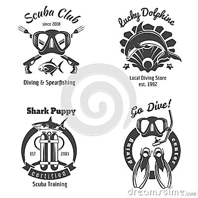 Scuba diving club labels set. Underwater swimming Vector Illustration