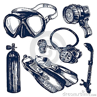 Scuba Diving Equipment Sketch Set. Vector Illustration