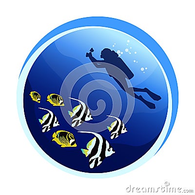 Scuba diving with exotic fish. Vector Illustration
