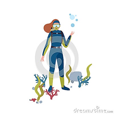 Scuba diving flat vector illustration. Female diver at ocean bottom cartoon character. Marine flora and fauna searching Vector Illustration