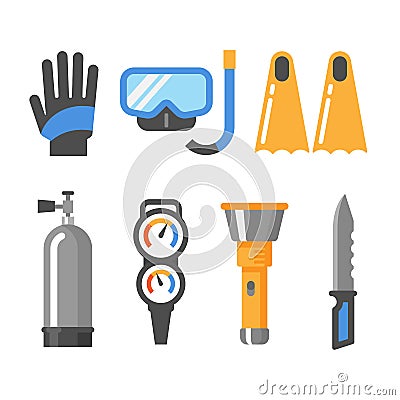 Scuba diving gear flat icon set Vector Illustration