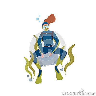 Scuba diving hobby flat vector illustration. Female diver resting at ocean bottom cartoon character. Active recreation Vector Illustration