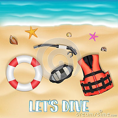 Scuba diving mask safety vest safety torus on beach Vector Illustration