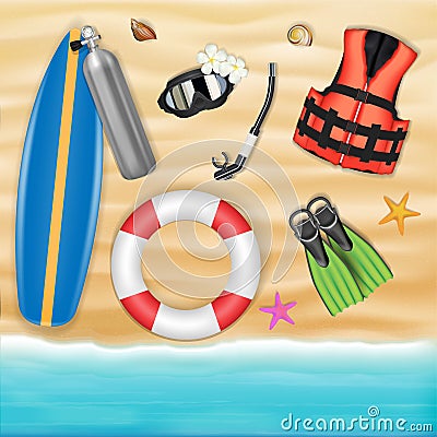 Scuba diving object on a sea sand beach Vector Illustration