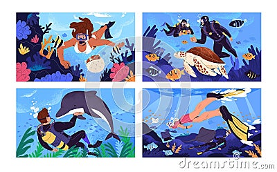 Scuba diving. People in costume, fins swimming underwater, watching of sea fauna, coral reef. Divers with turtle, exotic Vector Illustration