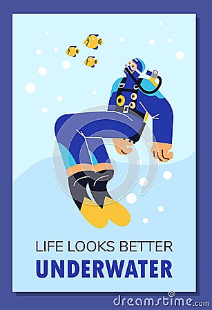 Scuba diving poster template, flat vector illustration. Vector Illustration
