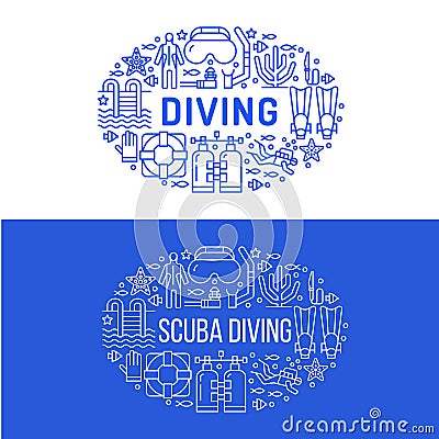 Scuba diving, snorkeling banner illustration. Water sport vector flat line icons, summer activity. Spearfishing Vector Illustration