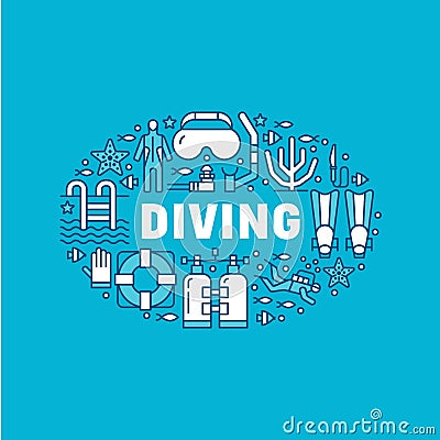 Scuba diving, snorkeling banner illustration. Water sport vector flat line icons, summer activity. Spearfishing Vector Illustration