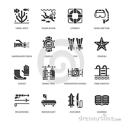 Scuba diving, snorkeling flat glyph icons. Spearfishing equipment - mask tube, flippers, swim suit, diver. Water sport Vector Illustration