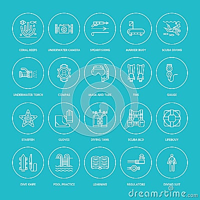 Scuba diving, snorkeling line icons. Spearfishing equipment - mask tube, flippers, swim suit, diver. Water sport, summer Vector Illustration
