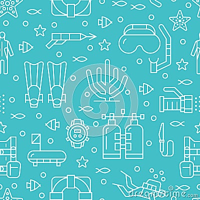 Scuba diving, snorkeling seamless pattern, water sport vector blue background. Summer activity cute repeated wallpaper Vector Illustration