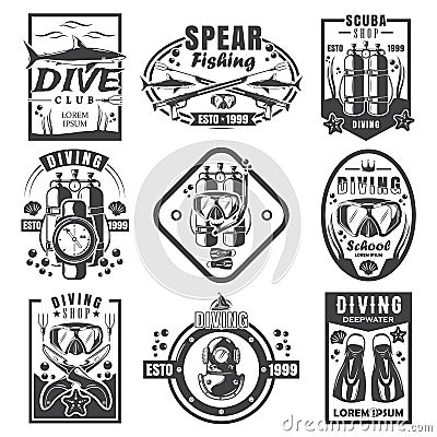 Scuba diving and spearfishing vintage logo set, vector monochrome illustration Vector Illustration