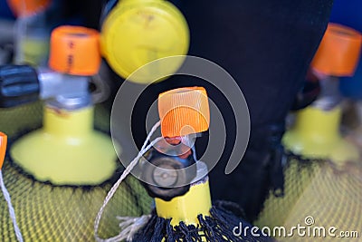 Scuba diving tube, diving equipment on the dive boat. Editorial Stock Photo
