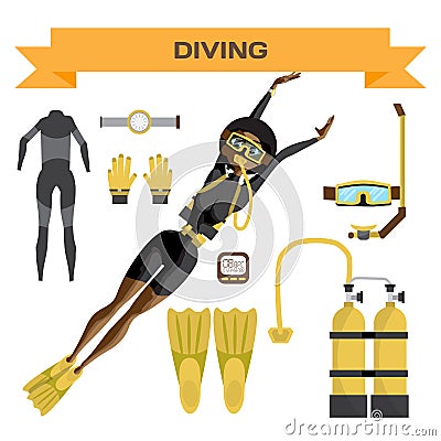 Scuba diving vector equipment. A young afro woman in gear dives. Vector Illustration