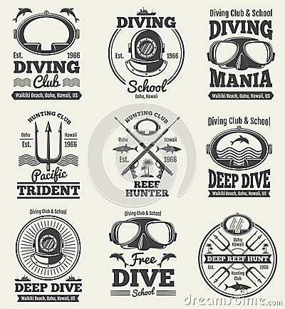 Scuba diving vintage vector labels. Spearfishing retro seal Vector Illustration