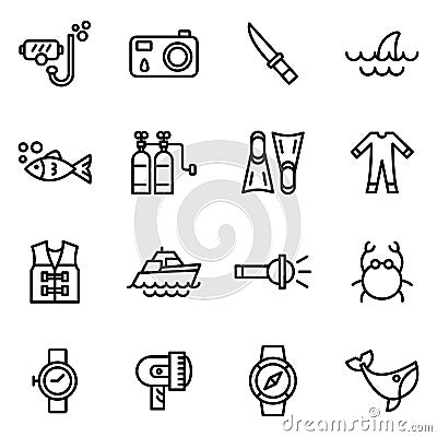 Scuba diving and water activities icons. Vector Illustration