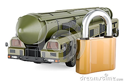Scud missile, mobile short-range ballistic missile system with padlock. 3D rendering Stock Photo