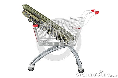 Scud missile, mobile short-range ballistic missile system with shopping cart. 3D rendering Stock Photo