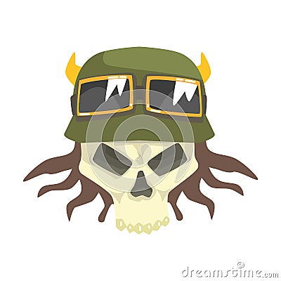 Scull In Green Helmet With Shades, Colorful Sticker With War And Biker Culture Attributes Vector Icon Vector Illustration