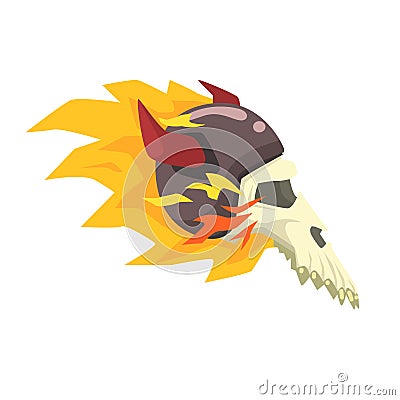 Scull In Horned Helmet On Fire, Colorful Sticker With War And Biker Culture Attributes Vector Icon Vector Illustration