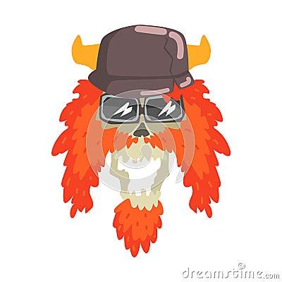 Scull In Horned Helmet With Red Beard, Colorful Sticker With War And Biker Culture Attributes Vector Icon Vector Illustration