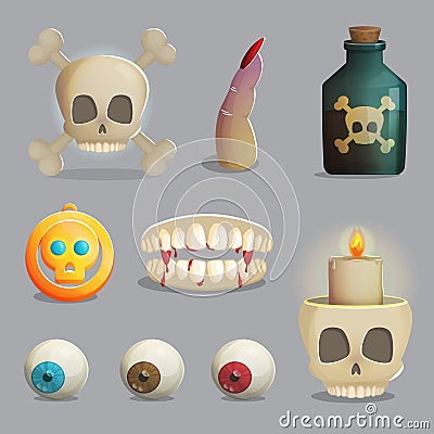 Scull and spooky body parts themed items for game design Vector Illustration