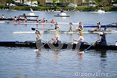 Sculling racing on Cooper River Cherry Hill New Jersey. Editorial Stock Photo