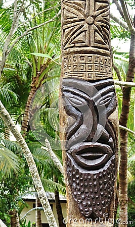 Sculpted Melanesian tiki totem in the Ile des Pins (Isle of Pines) Editorial Stock Photo