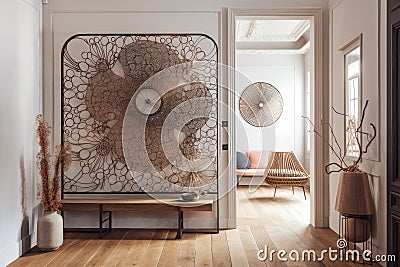 sculpted metal wall art decorates the entryway of a bohemian home, with wooden floors and neutral walls Stock Photo
