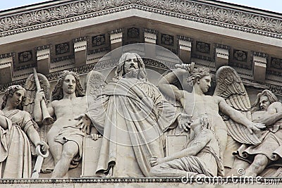 The sculpted tympanum of the `La Madeleine`church, Paris Stock Photo