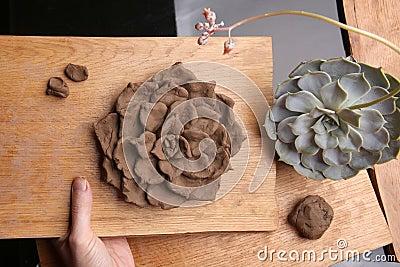 Sculpting clay plant decoration with model echeveria houseplant. Stock Photo