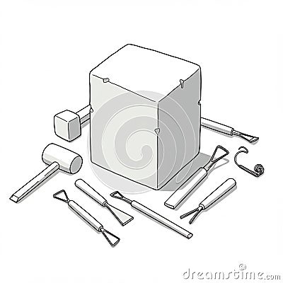 Sculpting tools surround a large, rectangular block of stone. The tools include chisels, Stock Photo