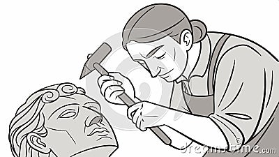 Sculptor chiseling stone bust with hammer and chisel, artistic creation vector design Generative AI Vector Illustration