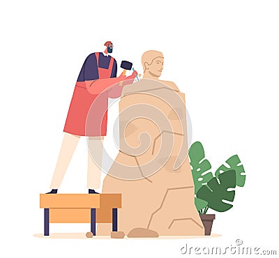 Sculptor Male Character Carves Stone Using Chisel And Hammer, Shaping Male Figure in Studio With Precision And Skill Vector Illustration