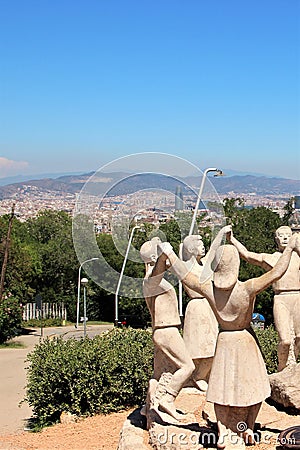 Barcelona, Spain, August 2016. The sculptural composition of the Catalans dancing the national dance and view of the city. Editorial Stock Photo