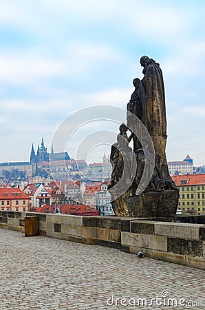 Sculptural compositions of famous medieval Charles Bridge, Prague, Czech Republic. Saints Cyril and Methodius Editorial Stock Photo