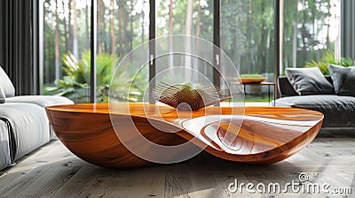 Sculptural wooden coffee table, blending seamlessly with a contemporary living space Stock Photo