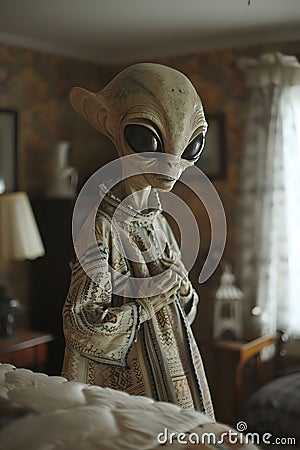 A sculpture of an alien stands in the bedroom next to a bed Stock Photo