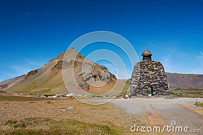 Sculpture Bardur, half troll, legendary figure, Kjartansson, Arnarstapi, SnÃ¦fellsjÃ¶kull National Park, Iceland Stock Photo