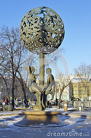 Sculpture biblical figures of Adam and Eve, fountain Editorial Stock Photo